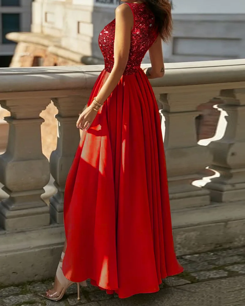여자는 긴 맥시 슬리브리스 높은 허리 드레스에 공식적인 저녁 발목 길이자 반짝이는 솔리드 컬러 드레스