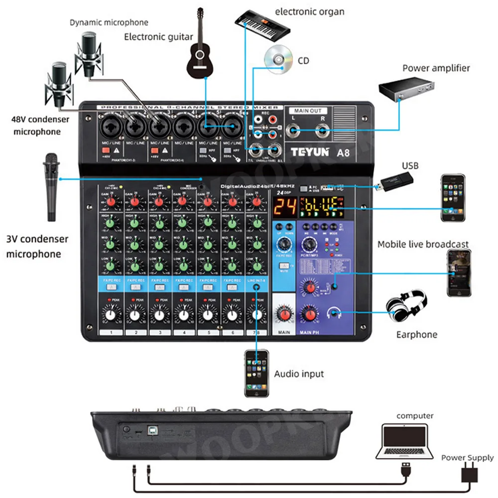 오디오 믹서 8-채널운드 믹싱 콘솔 A8 블루투스를 지원 USB48V 력을 위해 노래방자 기록 웹 캐스팅