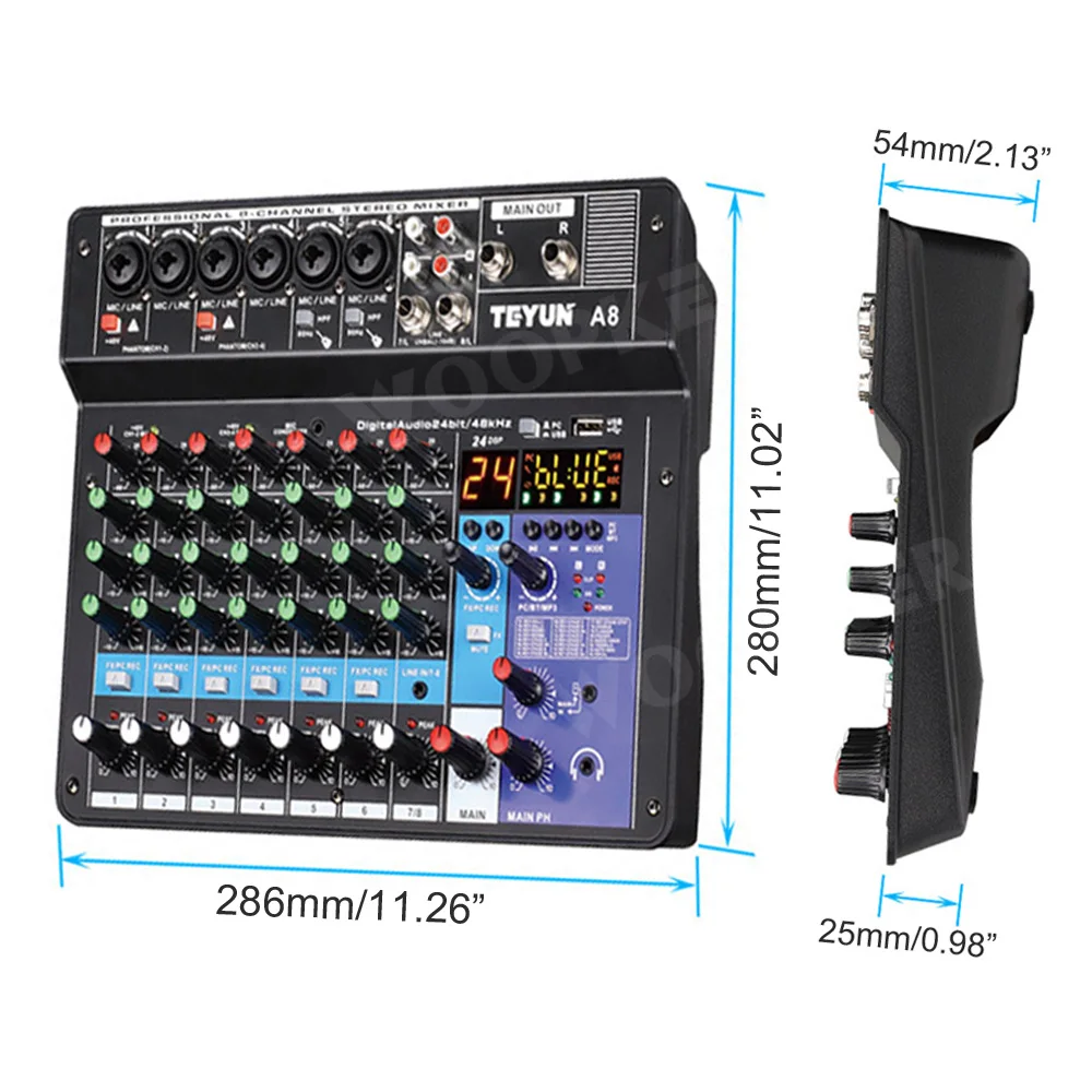 오디오 믹서 8-채널운드 믹싱 콘솔 A8 블루투스를 지원 USB48V 력을 위해 노래방자 기록 웹 캐스팅