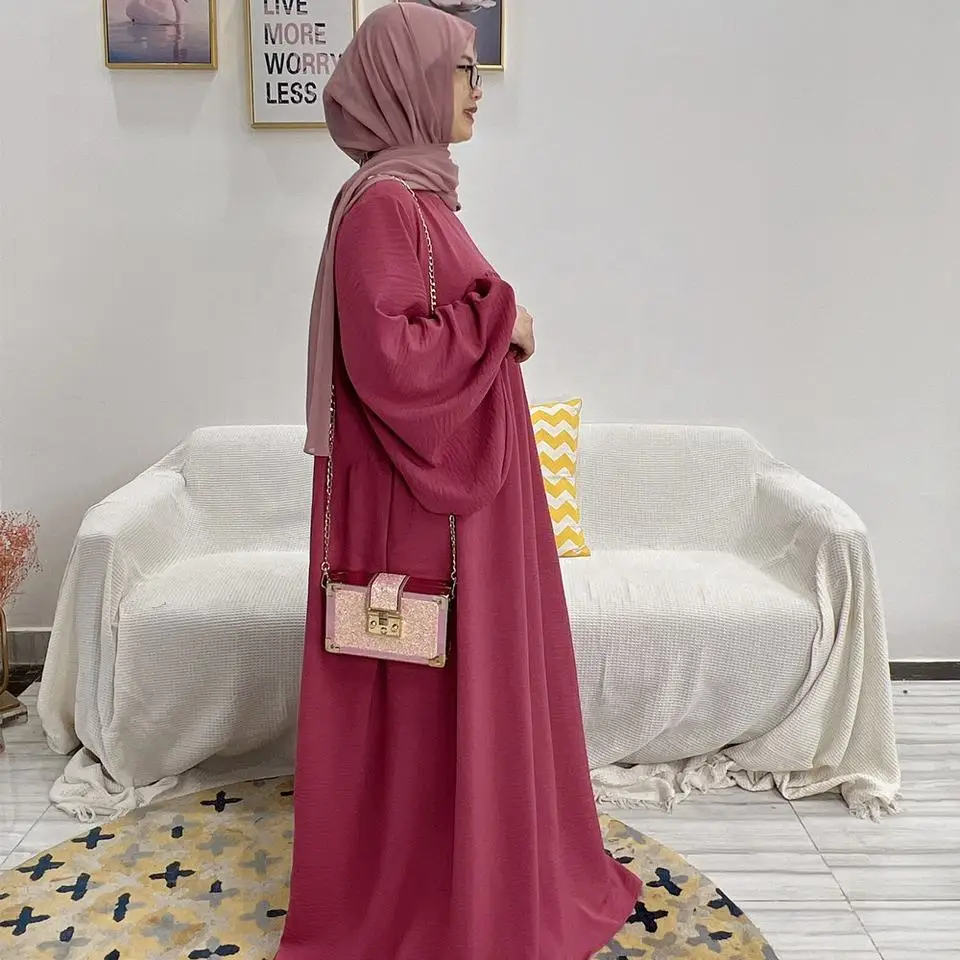 이슬람 복장 폐쇄 Abaya 풍선 슬리브 솔리드 컬러 이슬람기도 여성들의 옷은 두바이 터키 라마단 이드 Hijabi Robe(No 스카프)