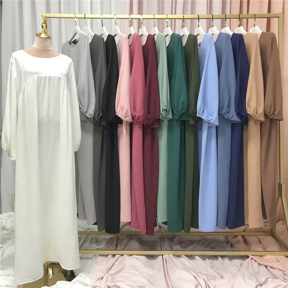 이슬람 복장 폐쇄 Abaya 풍선 슬리브 솔리드 컬러 이슬람기도 여성들의 옷은 두바이 터키 라마단 이드 Hijabi Robe(No 스카프)