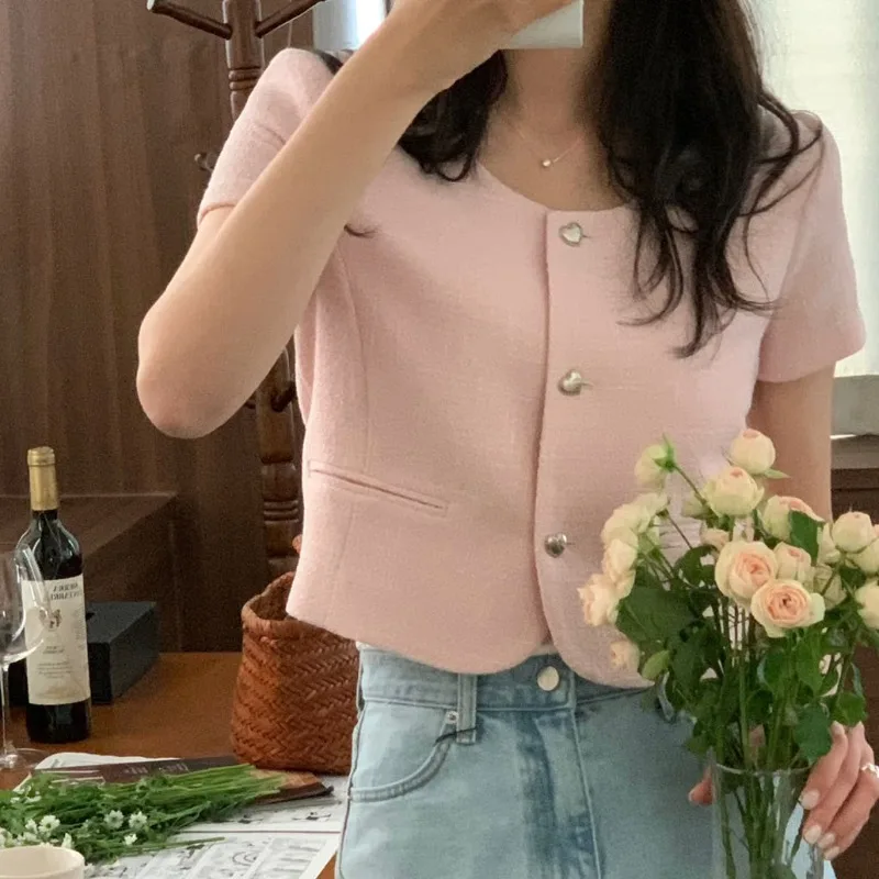 작물 분홍색에 맞는 코트 기질 트위드 카디건 버튼을 사랑 재킷에 대한 여름 2023 한국 스타일의 외투 의류