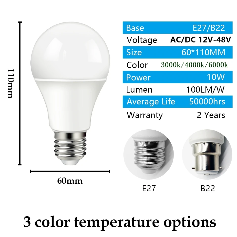 저 전압 LED 전구 AC/DC12V24V36V,48V E27/B22 10W Bombilla 태양 Led 빛을 전구는 12 볼트 저전압 램프 점화