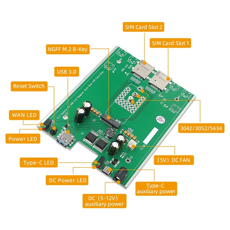크기(M.2)4G/5G 모듈 USB3.0 어댑터와 냉각기 팬/듀얼 SIM 카드 슬롯에 보조 전원