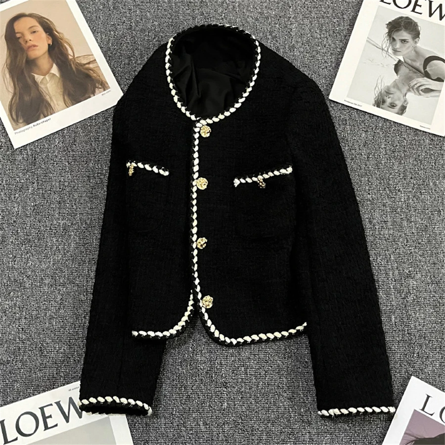 한국적 작물 트위드 재킷은 우아한 여성의 럭셔리 슬림 착실히티 빈티지 Chaquetas 봄 울 코트
